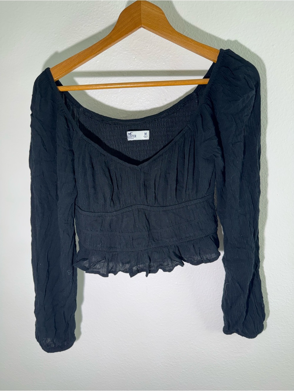 Hollister Black Long Sleeve Smocked Crop Top